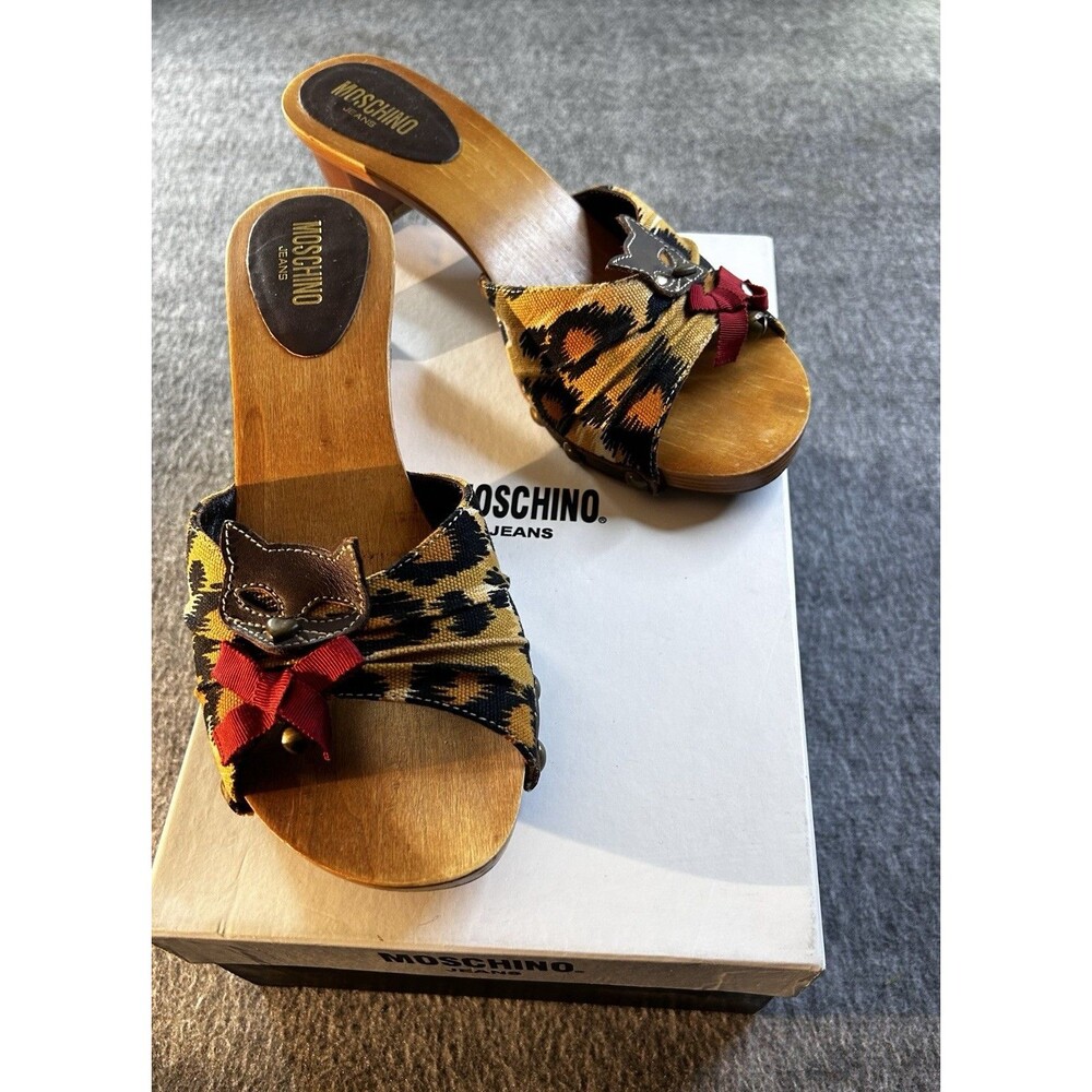 Moschino Cheap & Chic Bow Clog Wooden Sandals Leopard Print Sz 8 Slides Italy 38